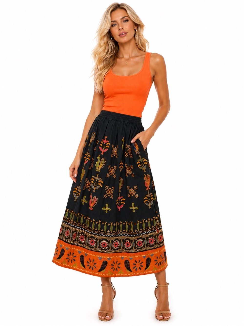 Mixit Size Large Navy Embroidered Boho Maxi Skirt Multicolor Border Trim